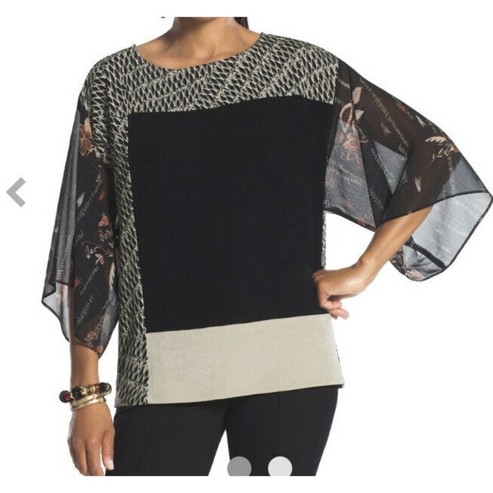 CHICO’s TRAVELERS 0 Size S Mixed print Kimono Top Black Floral Packable Slinky